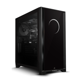 a unique pure black PC with a crescent moon on the front panel